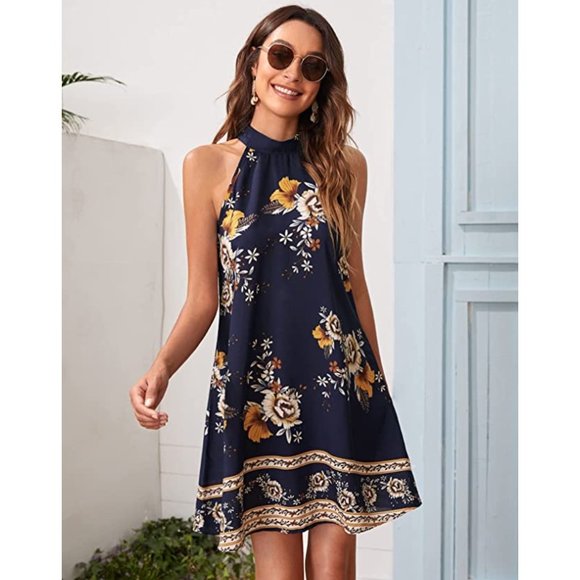 Navy Blue Floral Printed Chiffon A-Line Halter Sleeveless Mini Shift Dress - Picture 6 of 7